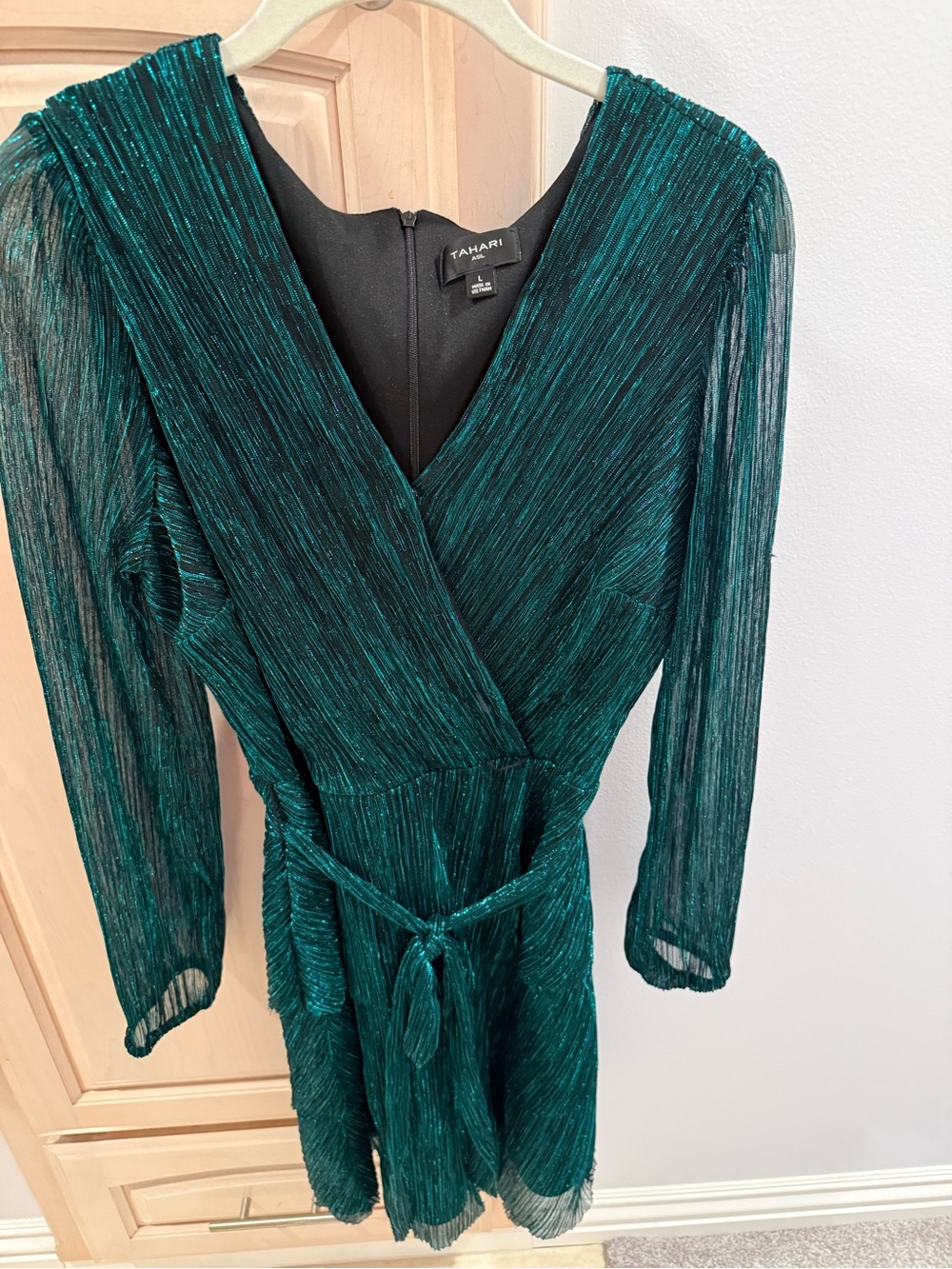 Tahari Teal Metallic Wrap Dress with Tie Waist